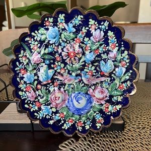 Vintage Persian Hand Painted Enamel on Copper Hanging Dish